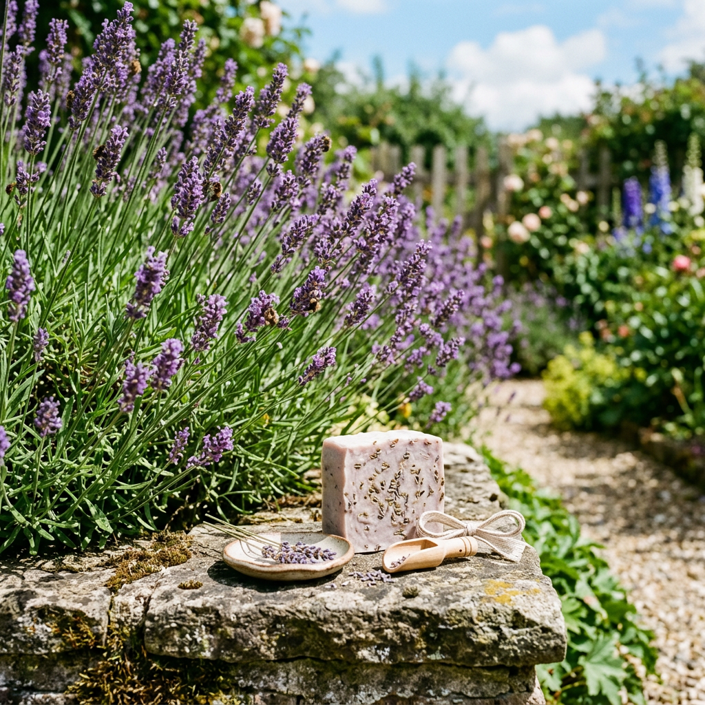 Block of lavender soap with dried lavender flowers on a stone ledge beside fresh lavender plants